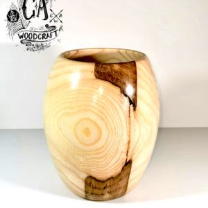 large natural wooden ash vase turned by c a woodcraft logo