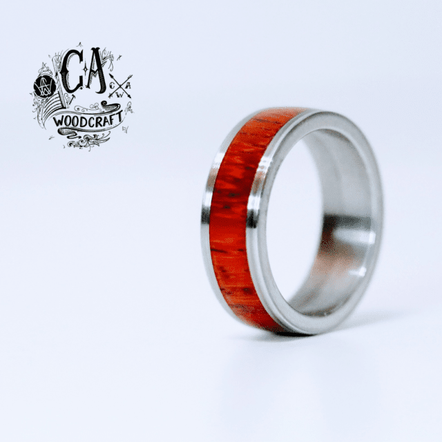 C A Woodcraft Wood and stainless steel ring with African padauk Hand made wooden jewellery