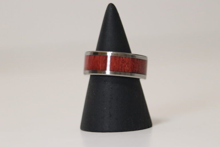 C A Woodcraft Wood and stainless steel ring with Pink Ivory. Hand made wooden jewellery