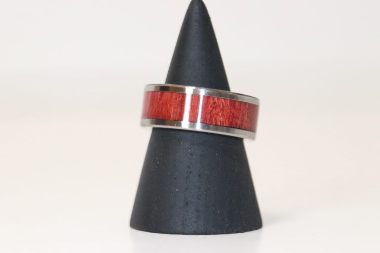 C A Woodcraft Wood and stainless steel ring with Pink Ivory. Hand made wooden jewellery